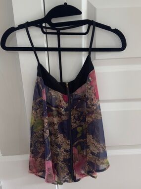 Olive Olivia women’s floral flower zip up silk sheer tank top size Small